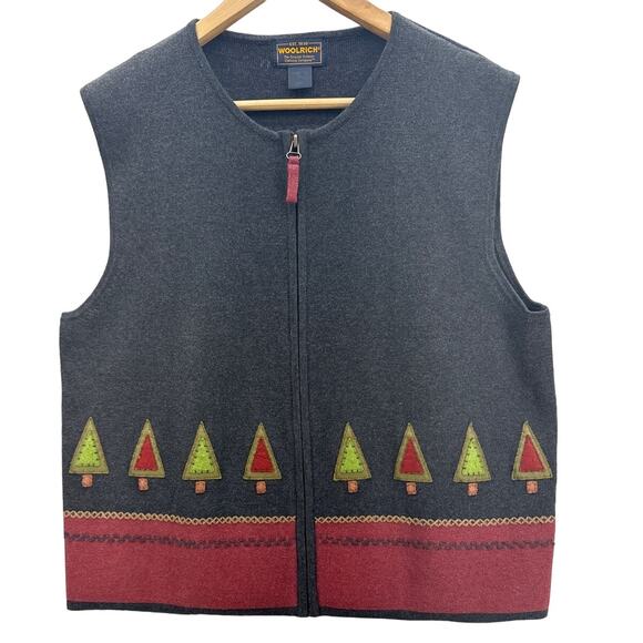 Woolrich Vintage Holiday Dark Grey Christmas Tree Zip Front Vest Women XL - Picture 1 of 6
